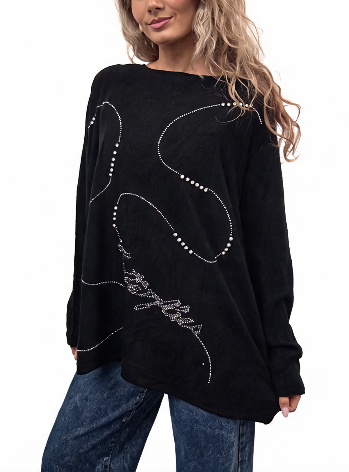 Oversized Crystal & Pearl Embellished Boat Neck with Abstract Line Art Design and Side Splits Jumper