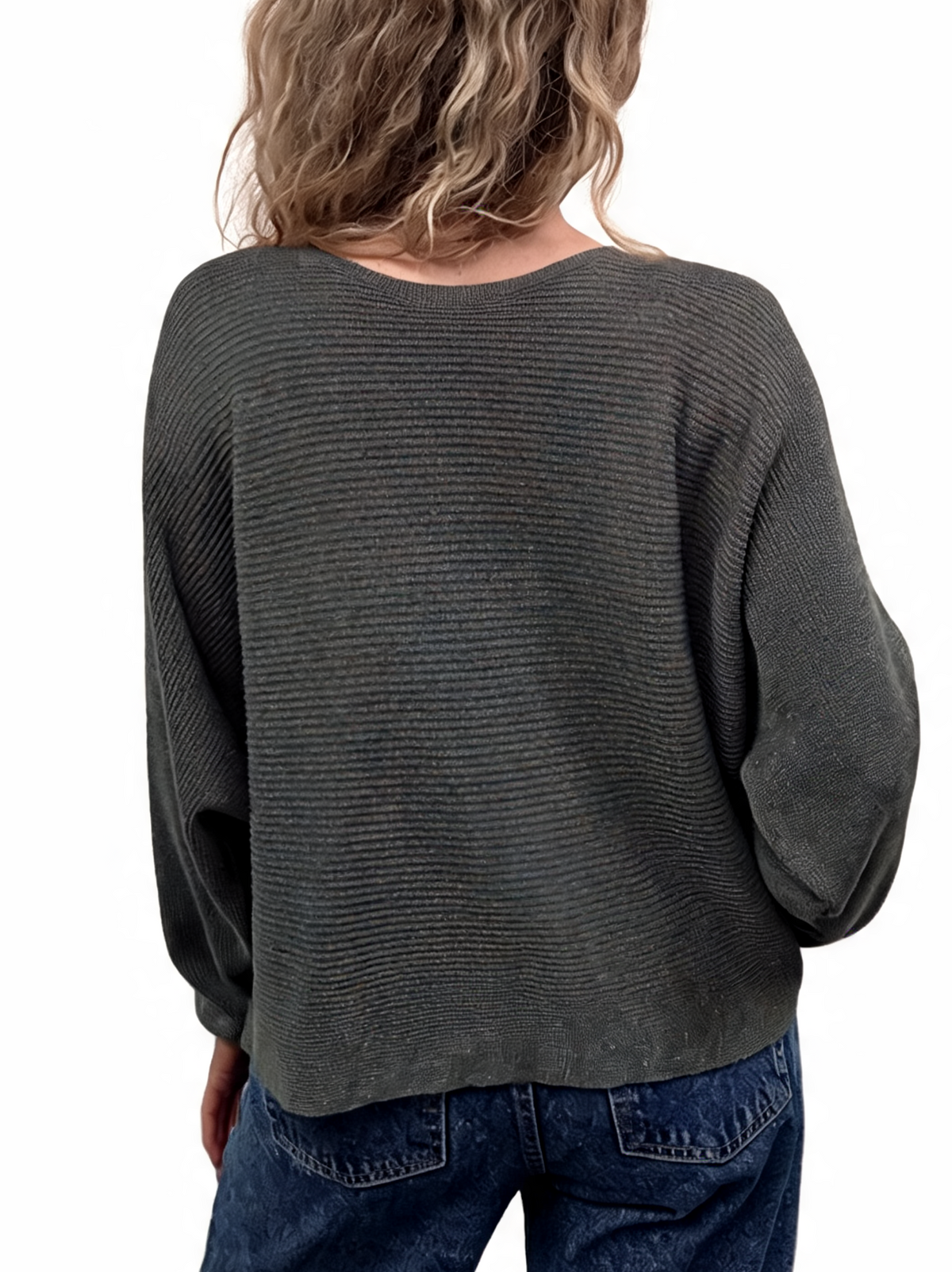 Dark gray knit jumper back view with round neck and loose batwing sleeves