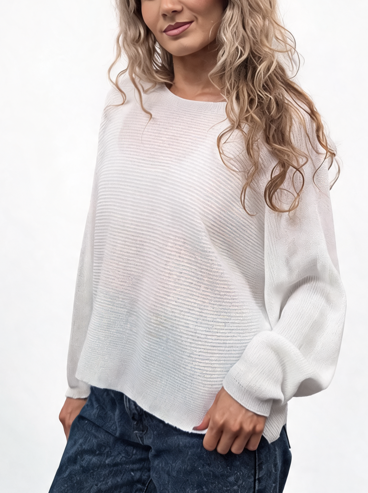 White lightweight ribbed knit jumper with round neck and batwing sleeves