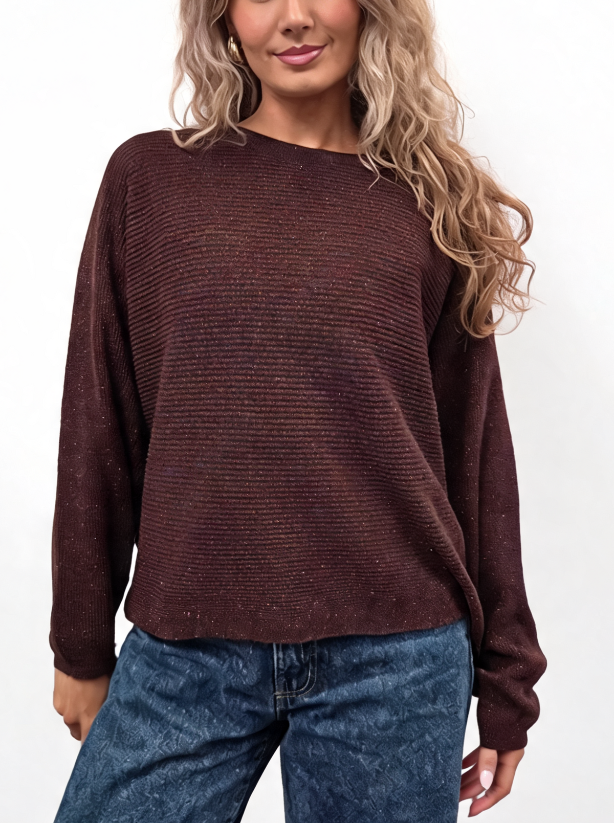 Burgundy lightweight ribbed knit jumper with batwing sleeves and round crew neck