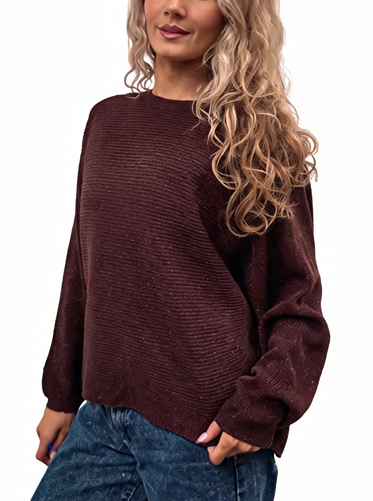 Burgundy lightweight ribbed knit jumper with batwing sleeves and round crew neck, side view