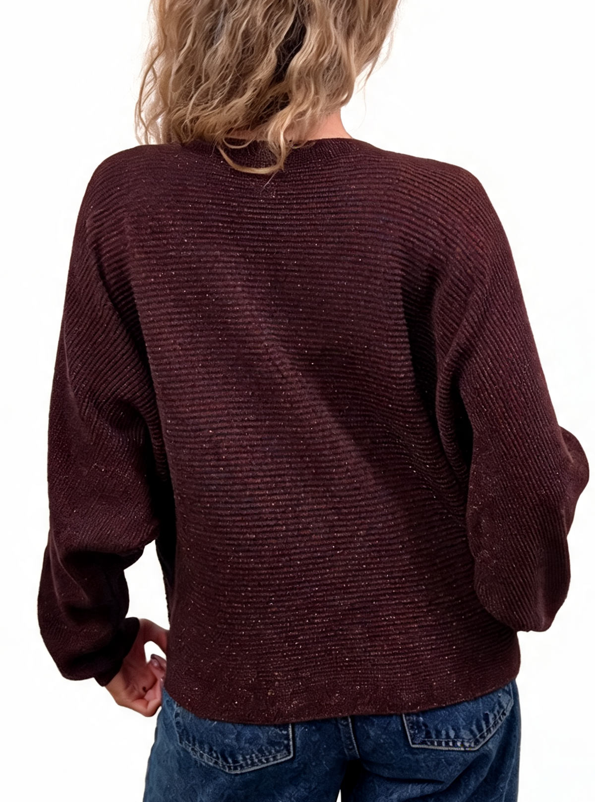 Burgundy lightweight ribbed knit jumper, back view, batwing sleeves and crew neck