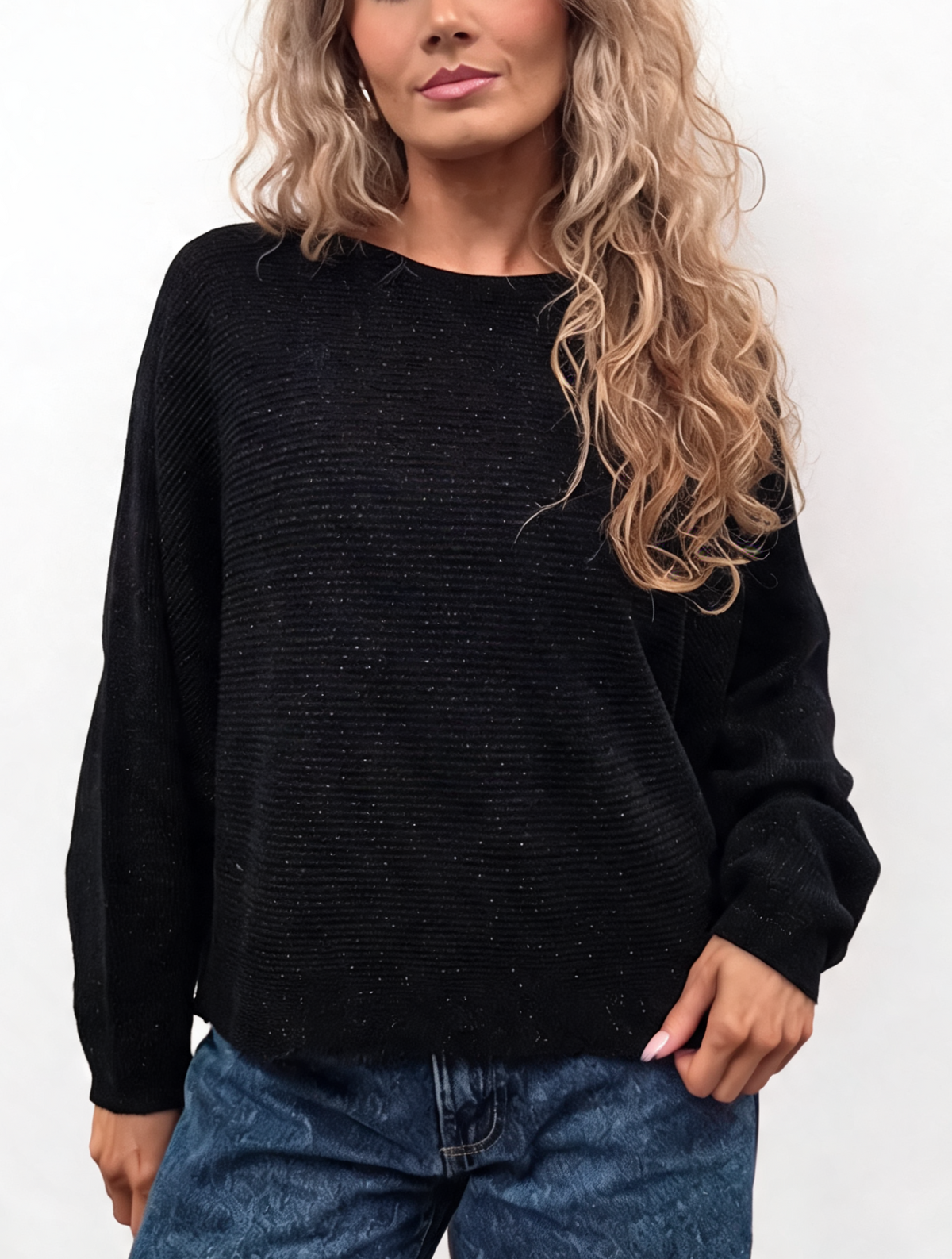 Black lightweight ribbed knit jumper with batwing sleeves and round crew neck