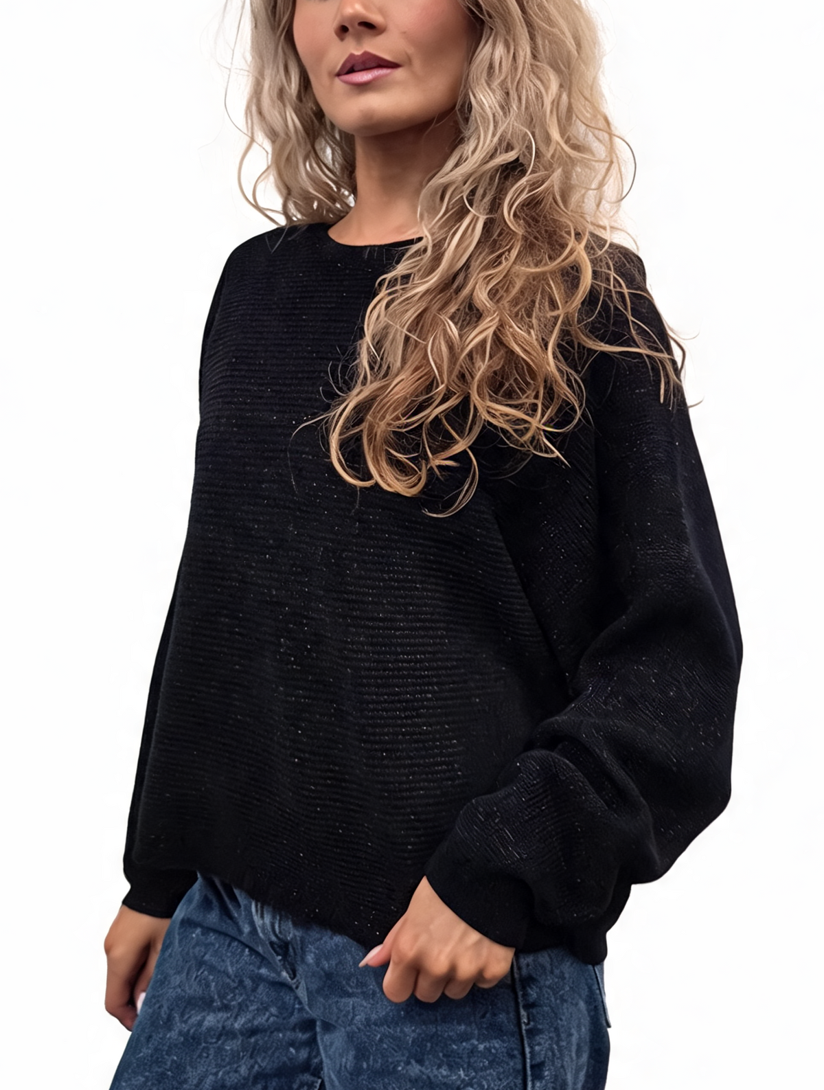 Black lightweight ribbed knit jumper with batwing sleeves and round crew neck, front view