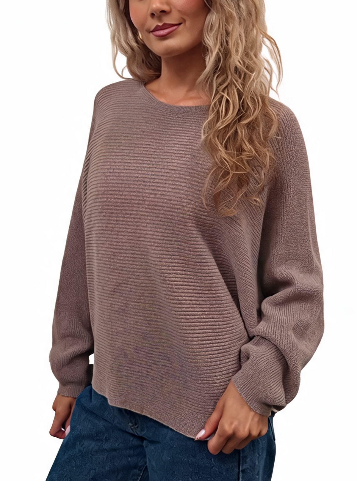 Taupe/brown lightweight ribbed knit jumper with batwing sleeves and round crew neck