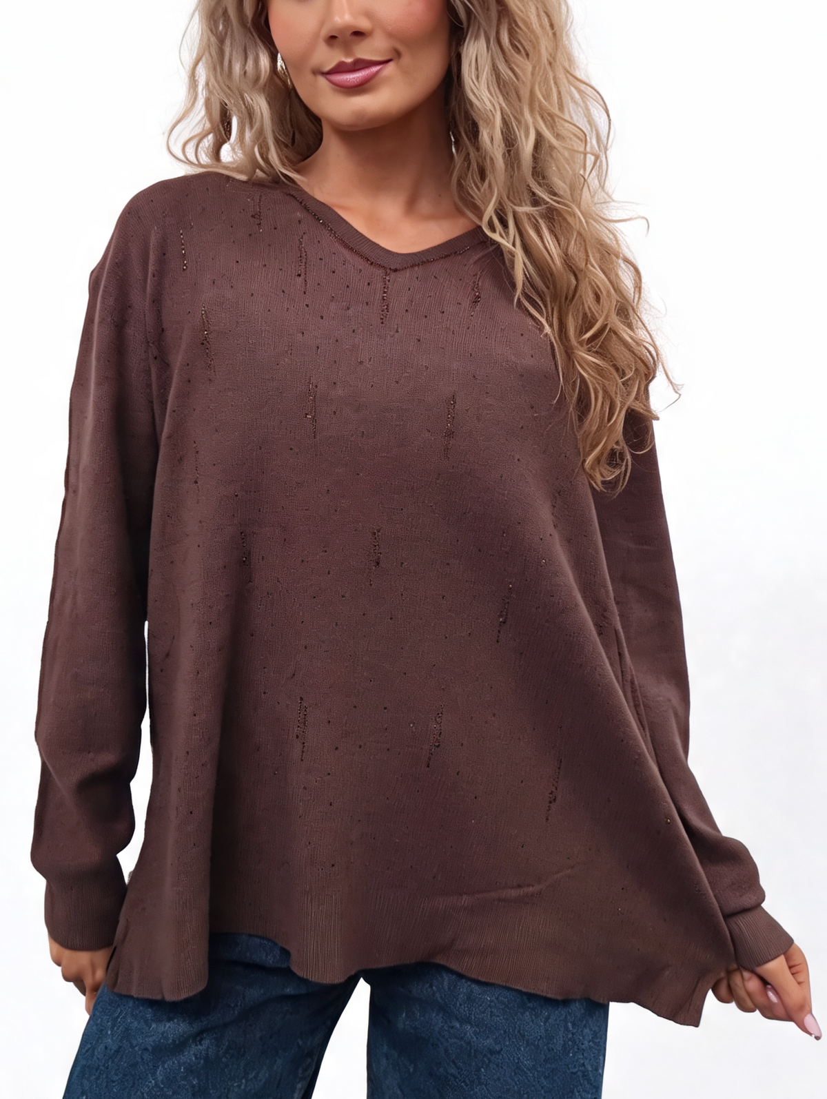 Brown V-neck jumper with long sleeves and subtle diamanté trim