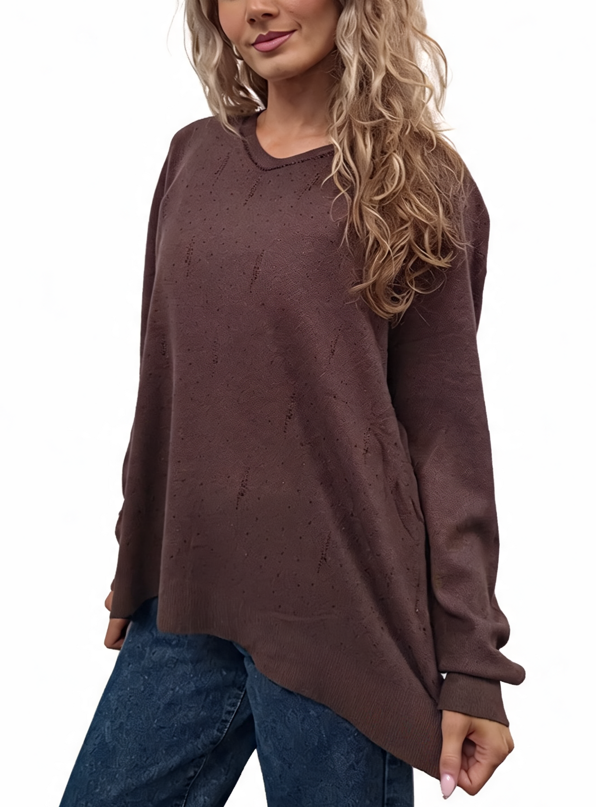 Plum V-neck jumper with all-over diamante sparkle and long sleeves, relaxed fit.
