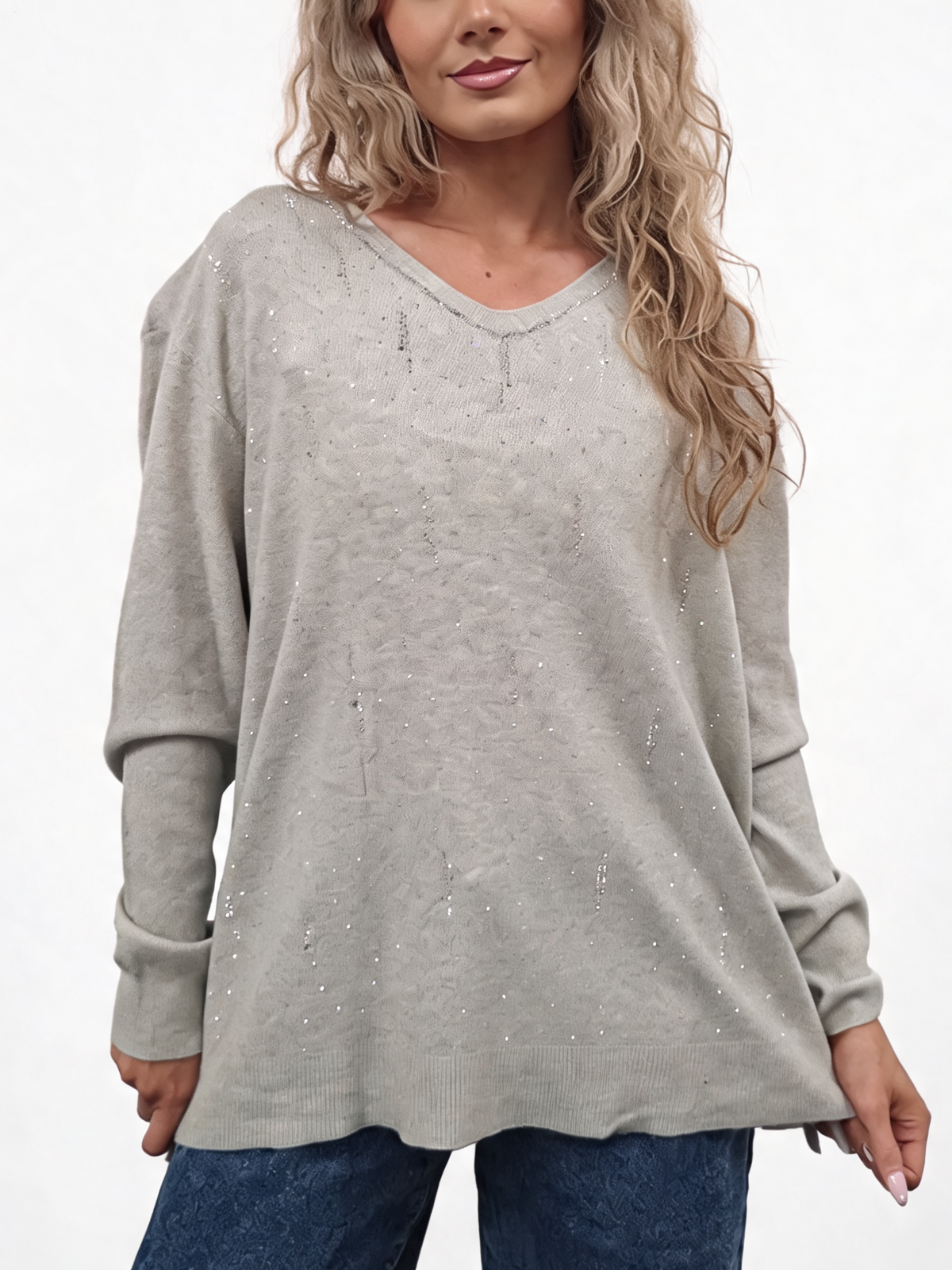 Grey V-neck jumper with diamanté embellishment and long sleeves