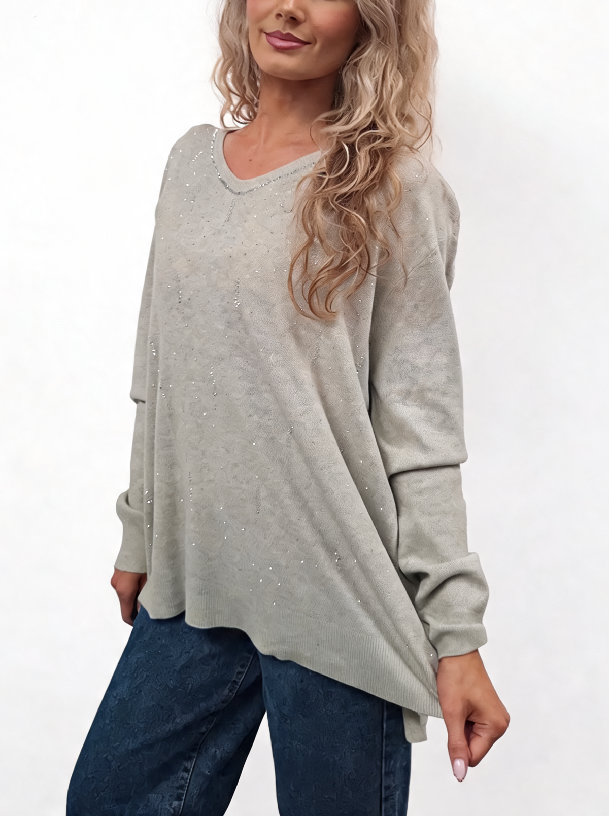 Light grey V-neck jumper with diamanté sparkle trim and long sleeves