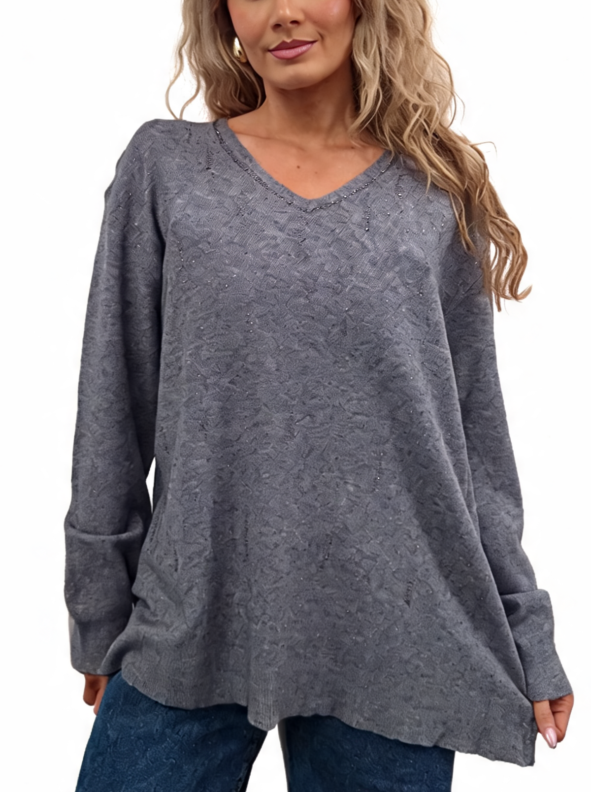 Grey V-neck jumper with diamanté sparkle trim