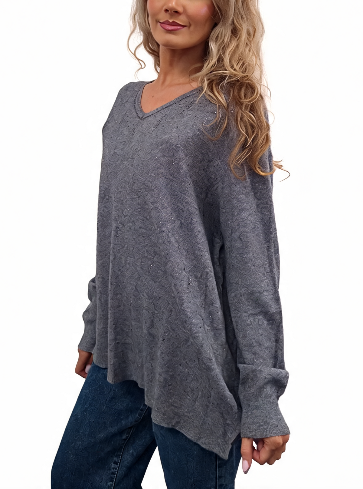 Grey V-neck long-sleeve textured jumper with relaxed fit