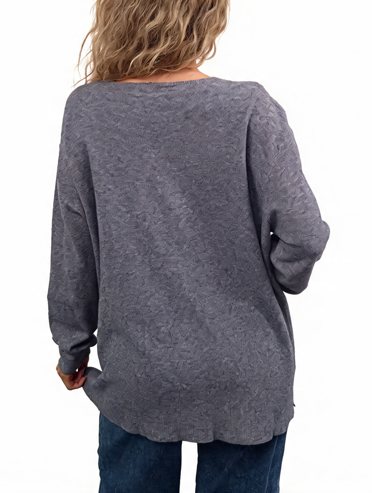 Grey textured V-neck jumper, back view