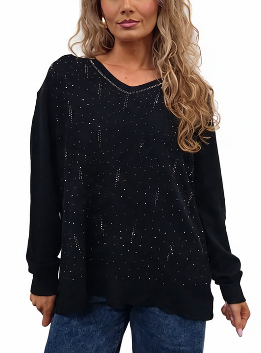 Black diamante V-neck jumper with sparkle trim and long sleeves