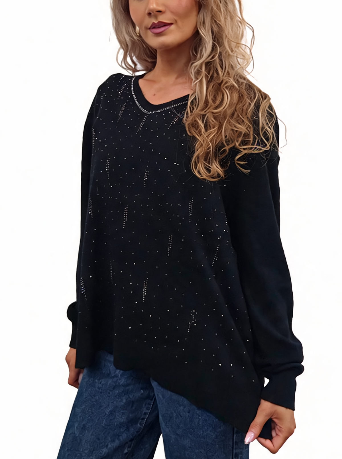 Black diamanté embellished V-neck jumper with sparkle trim