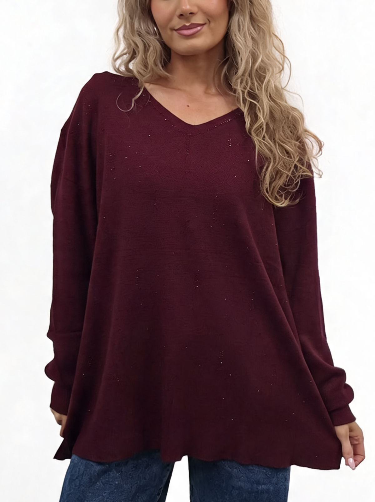 Burgundy V-neck jumper with diamanté sparkle trim