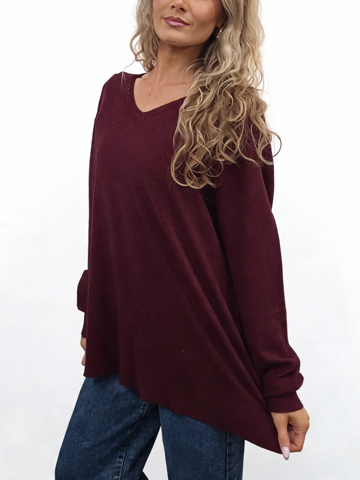 Burgundy V-neck jumper with sparkle trim and long sleeves