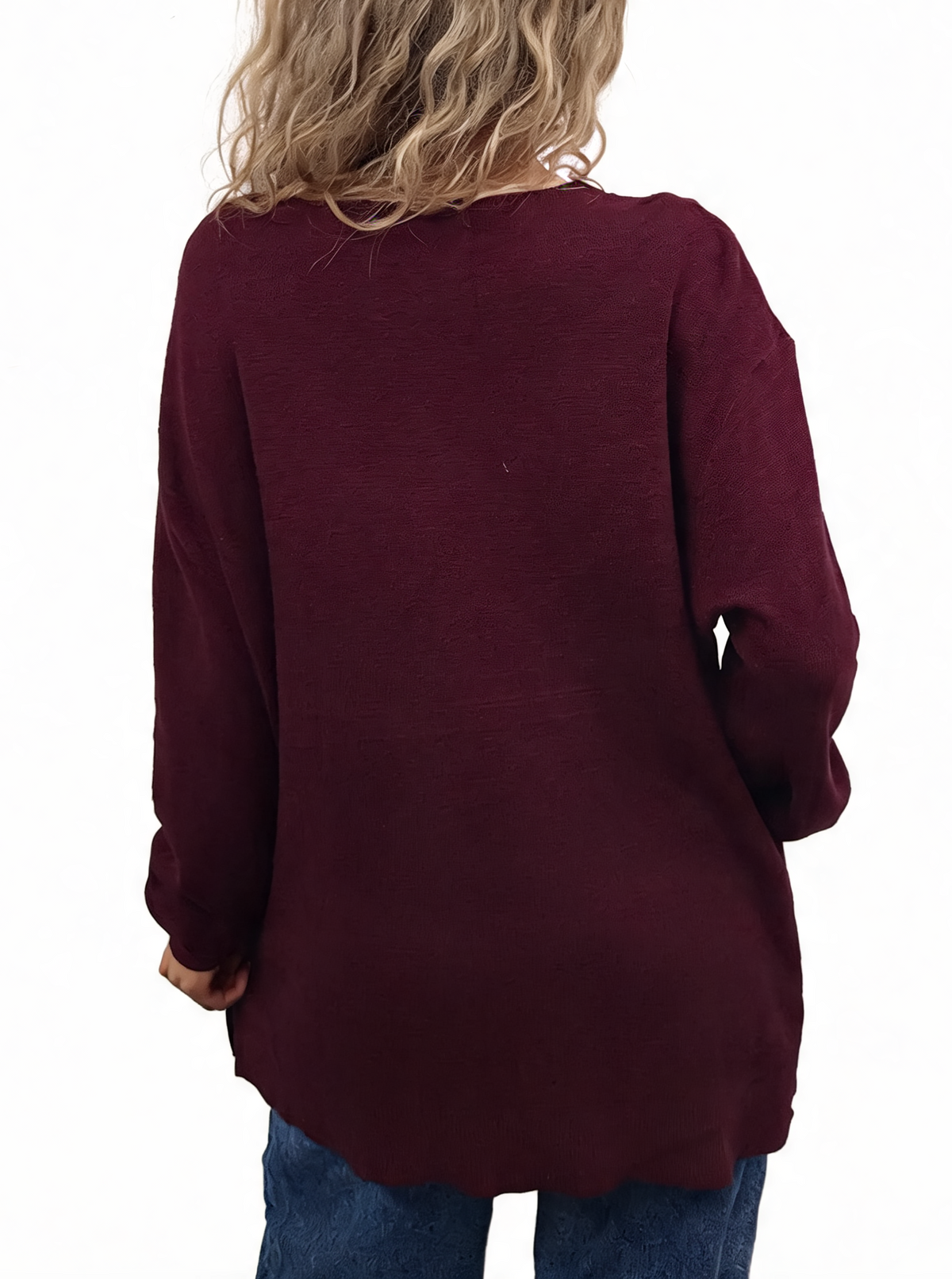 Burgundy V-neck jumper with diamante sparkle trim, three-quarter sleeves (back view).