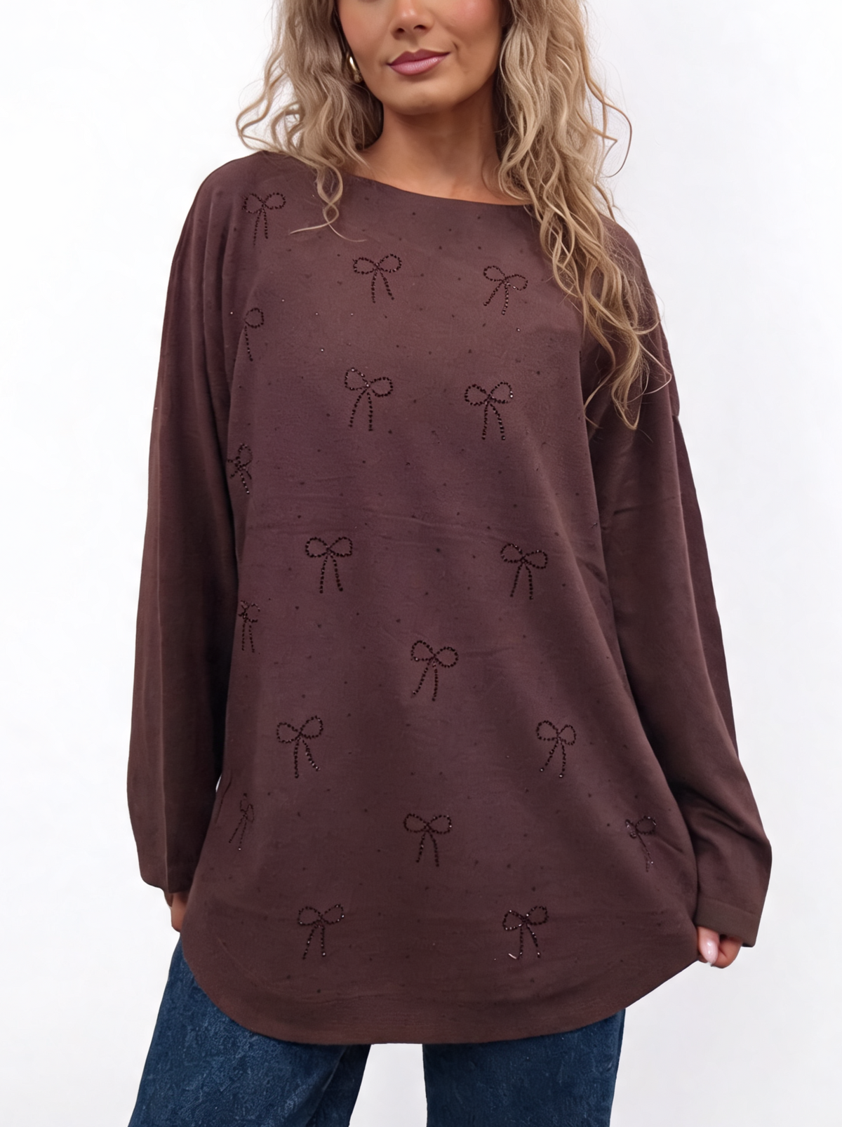 Oversized burgundy jumper with diamanté bow details and batwing sleeves