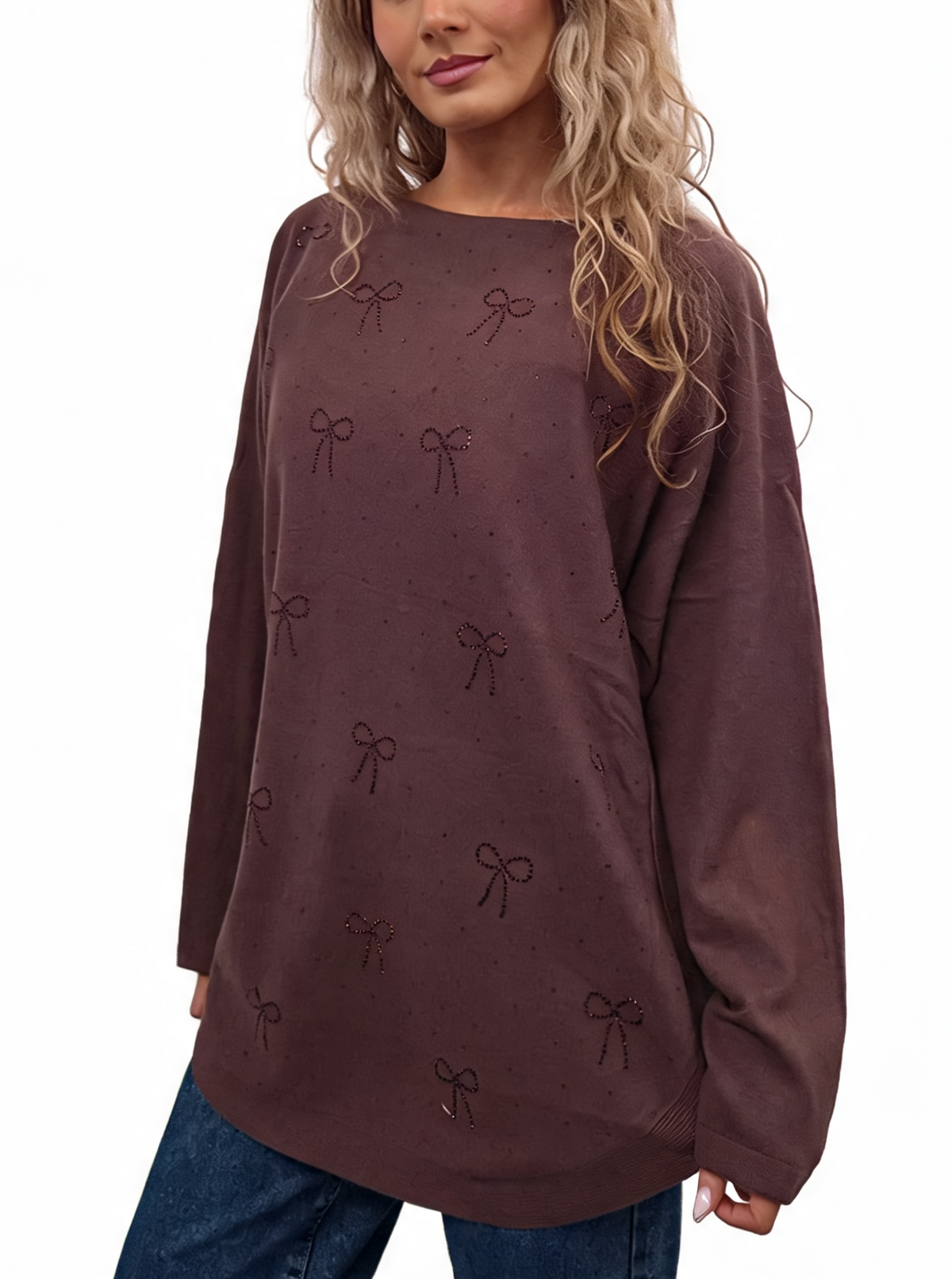 Brown oversized jumper with diamanté bow embellishments and batwing sleeves