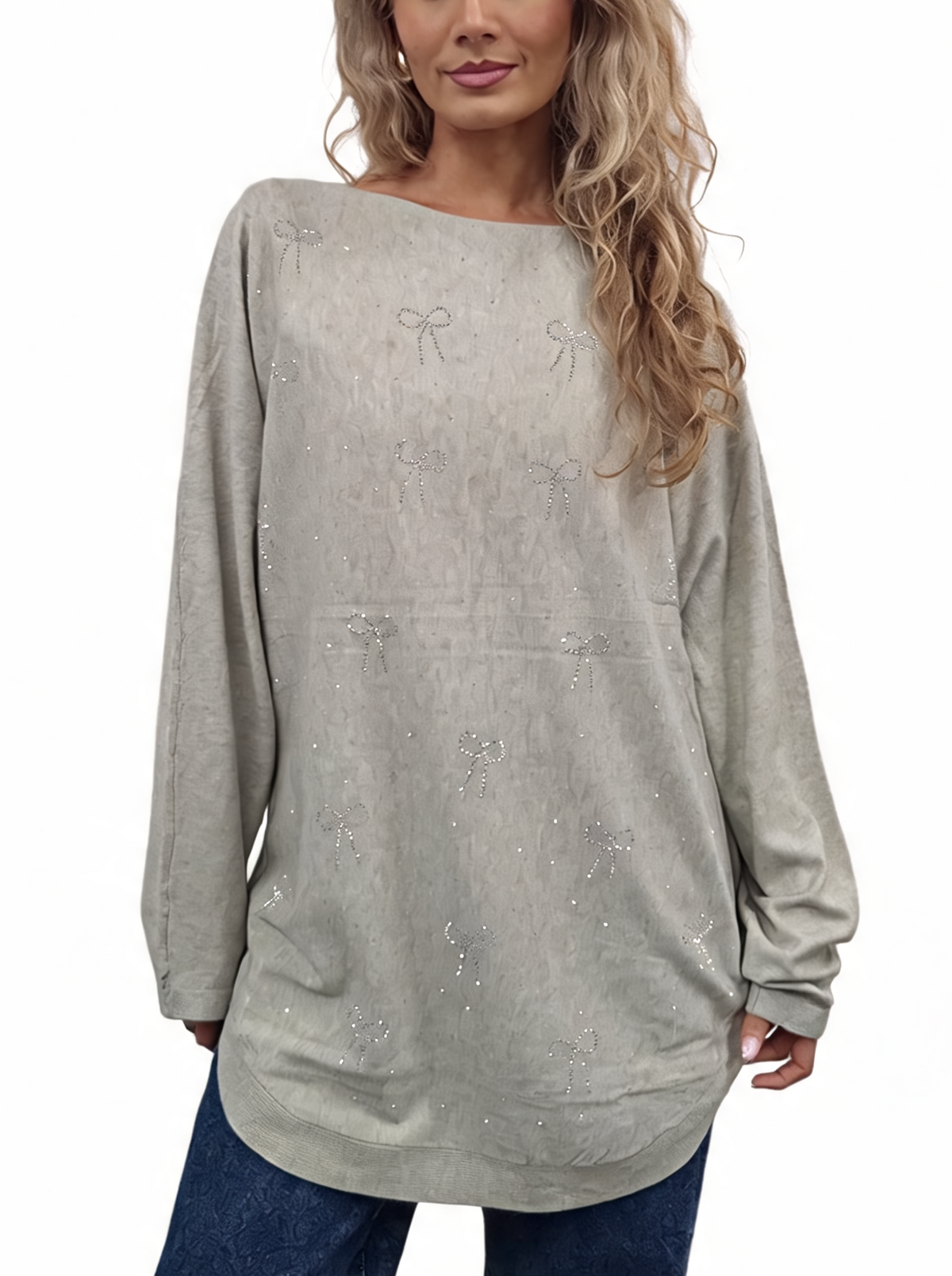 Oversized beige jumper with diamanté bow embellishments and batwing sleeves