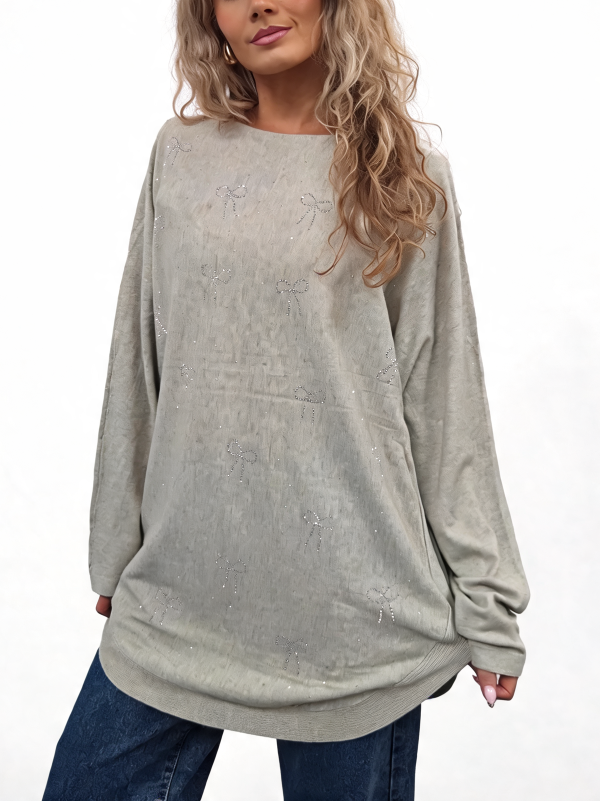 Oversized light grey jumper with diamanté bow embellishments and batwing sleeves