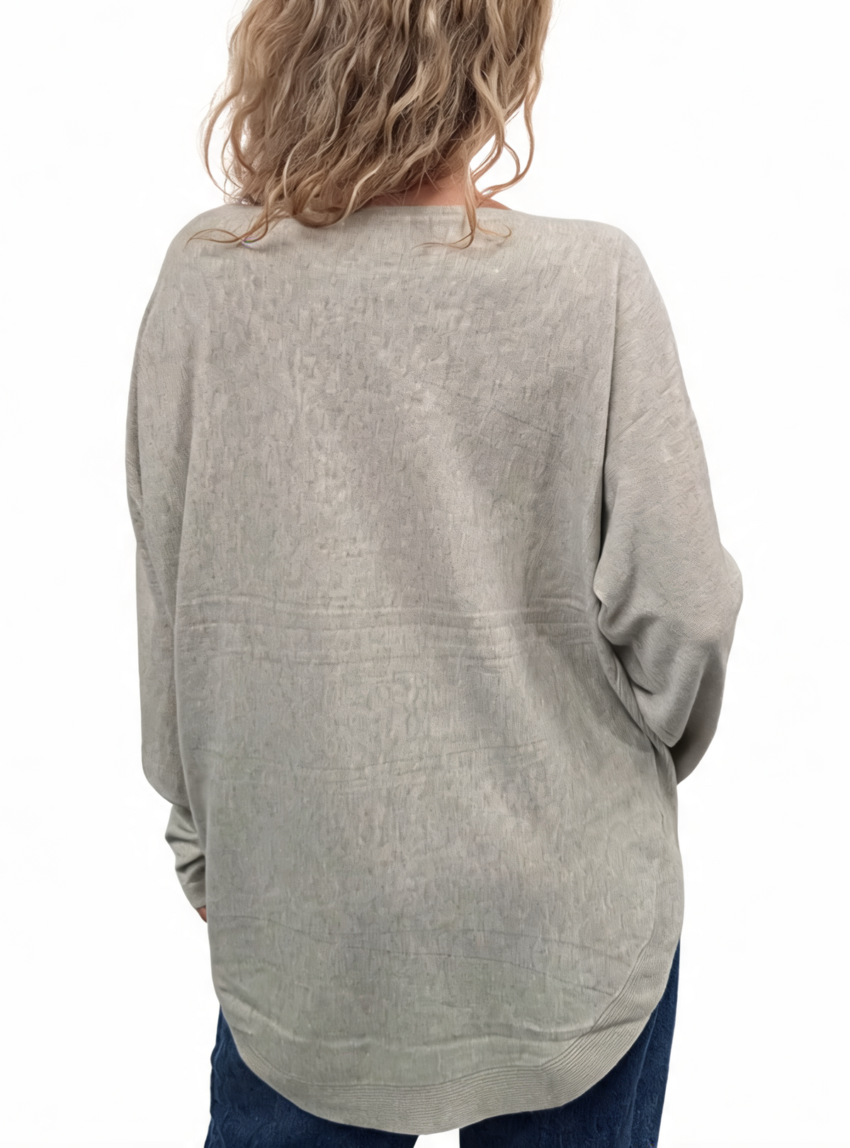 Oversized light grey jumper with batwing sleeves, shown from the back