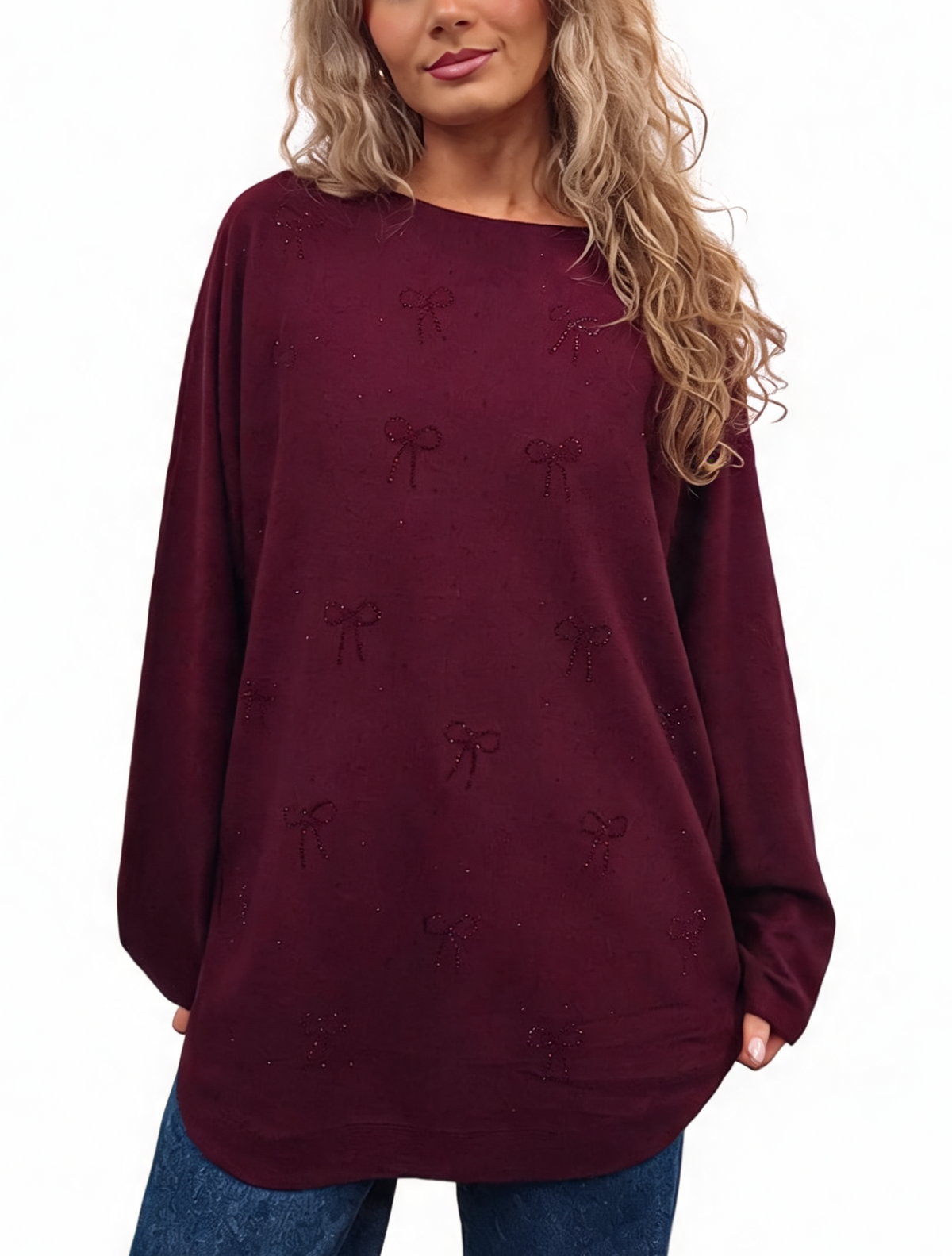 Burgundy oversized jumper with diamanté bow embellishments and batwing sleeves