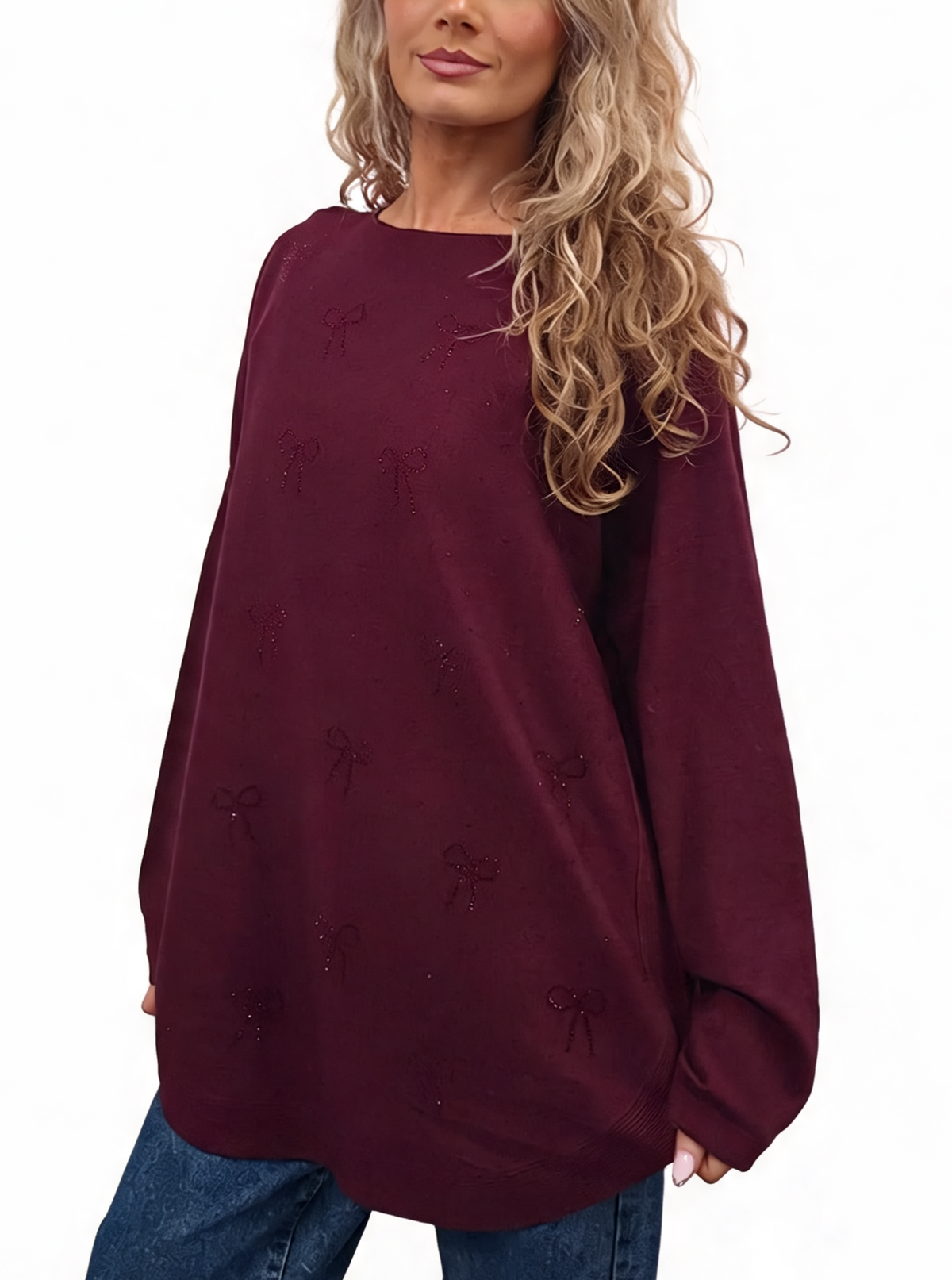 Burgundy oversized jumper with bow embellishments and batwing sleeves