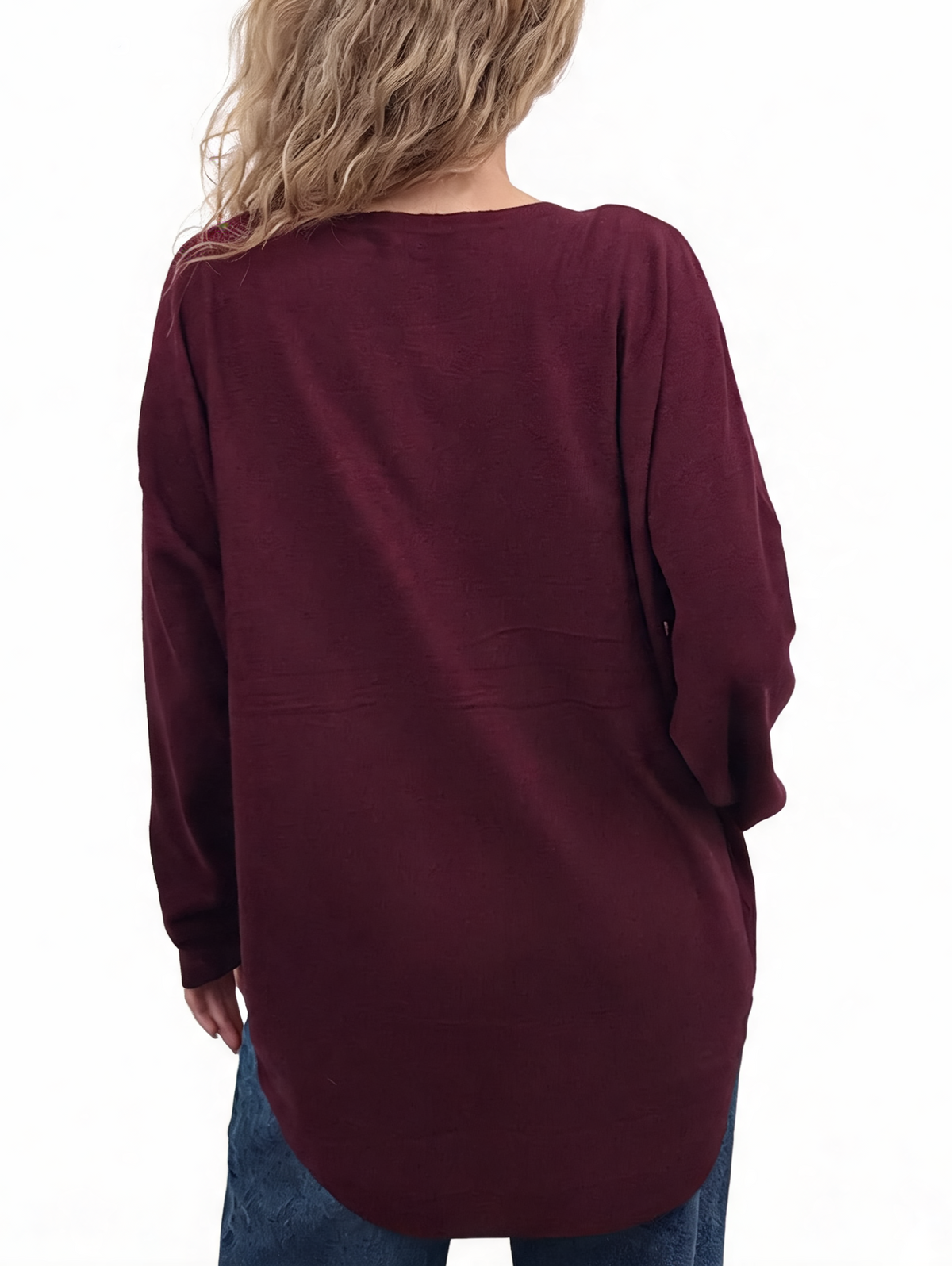 Burgundy oversized jumper with batwing sleeves, back view with subtle bow embellishment