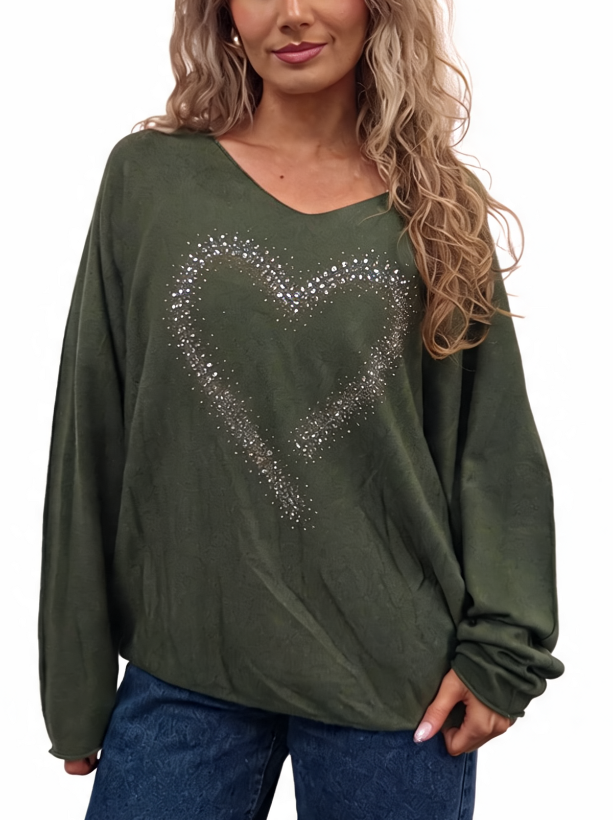 Oversized Sparkle Heart V-Neck Relaxed Fit Lightweight Knit Jumper