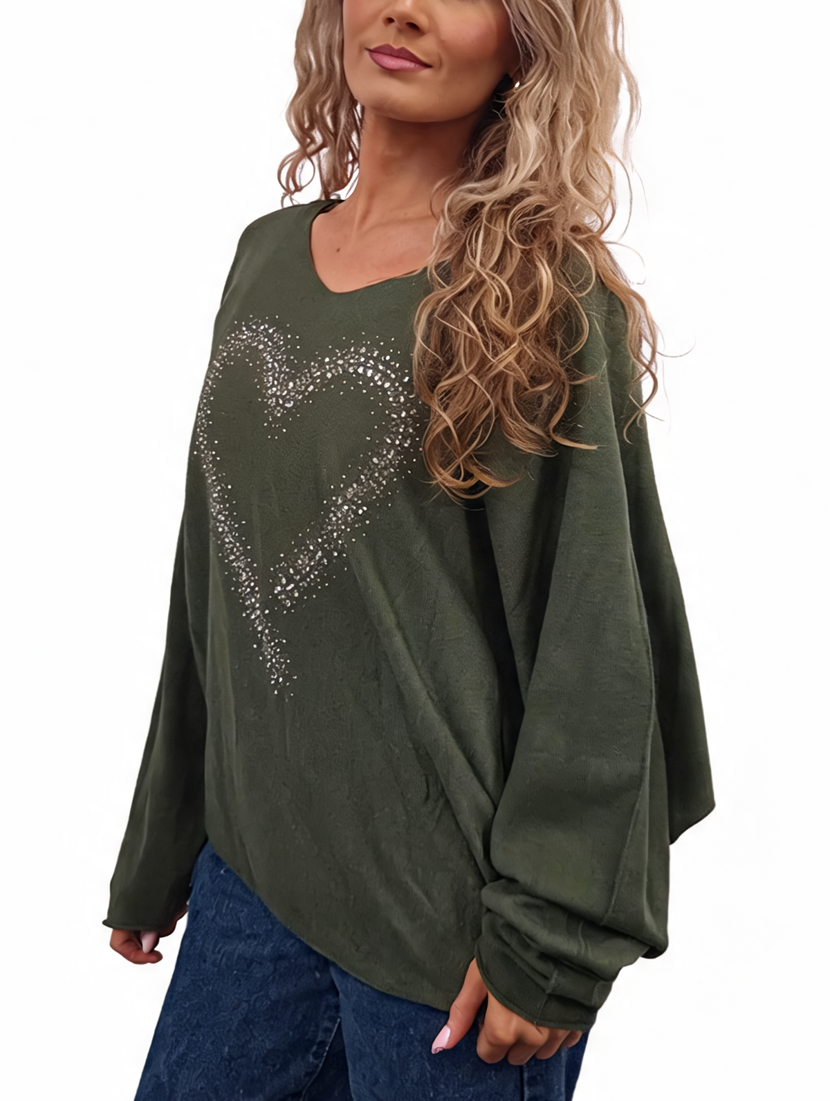 Oversized Sparkle Heart V-Neck Relaxed Fit Lightweight Knit Jumper