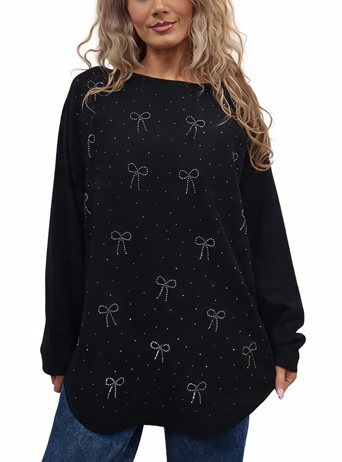 Black oversized jumper with batwing sleeves and diamanté bow embellishments