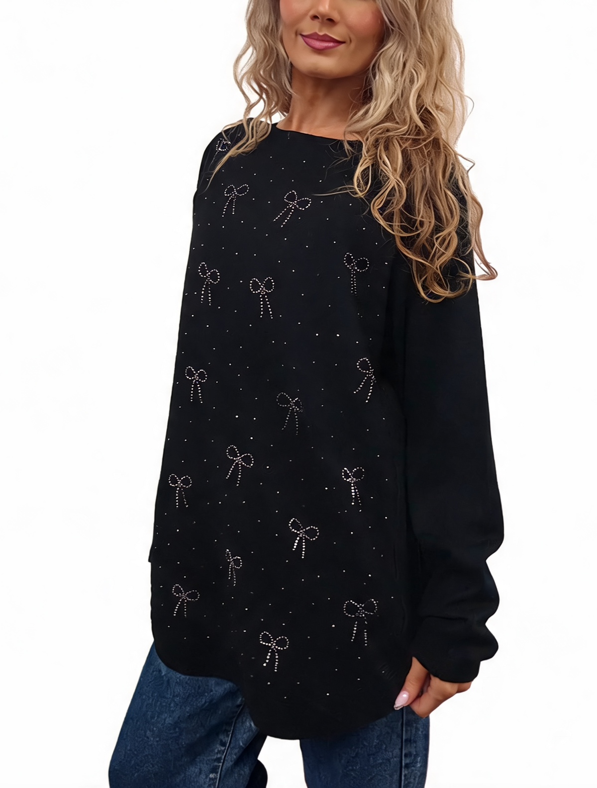 Black oversized jumper with diamanté bow embellishment and batwing sleeves