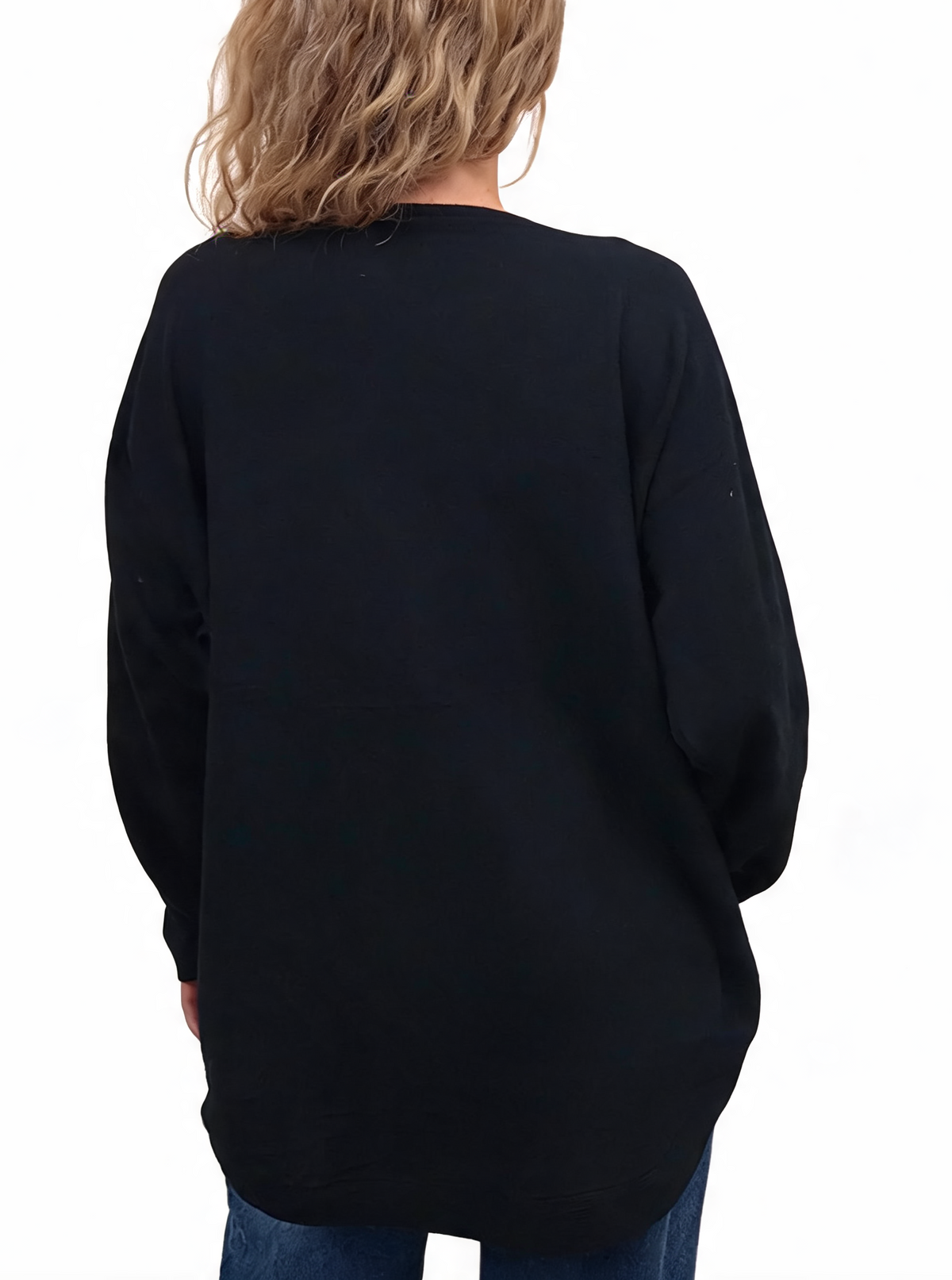 Black oversized jumper with long batwing sleeves, back view