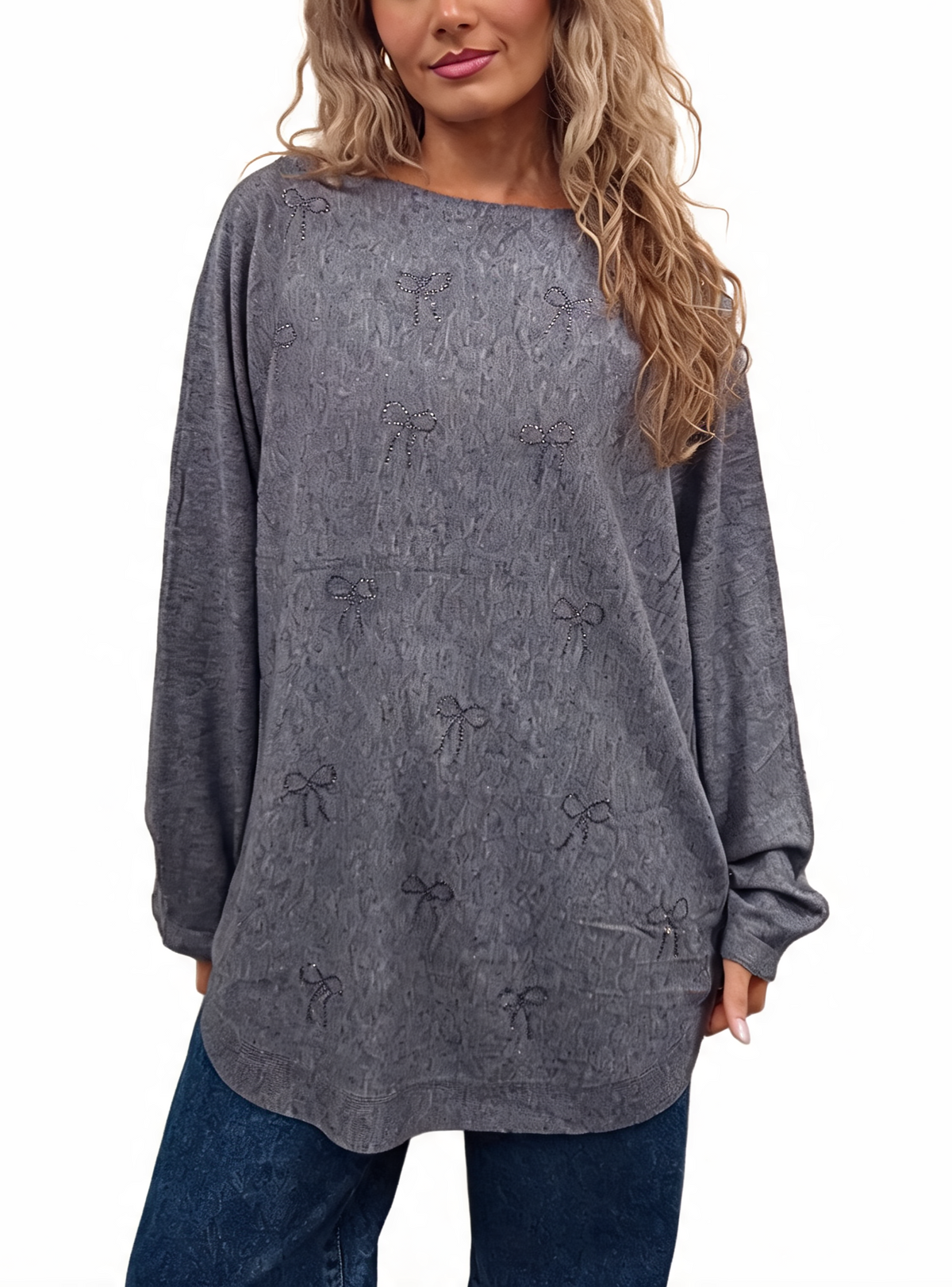 Grey oversized jumper with bow embellishments and batwing sleeves