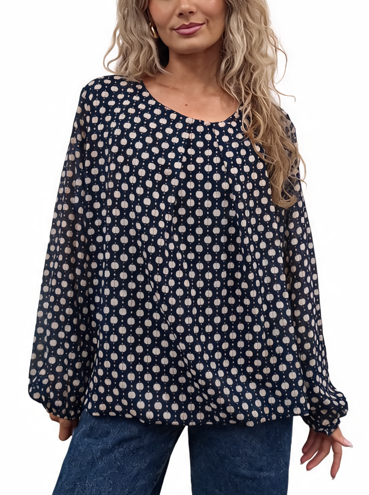Navy printed chiffon-style blouse with pleated neckline and balloon sleeves