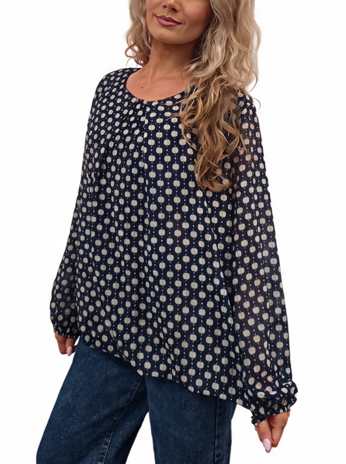 Dark printed chiffon blouse with dot pattern, pleated neckline, balloon sleeves