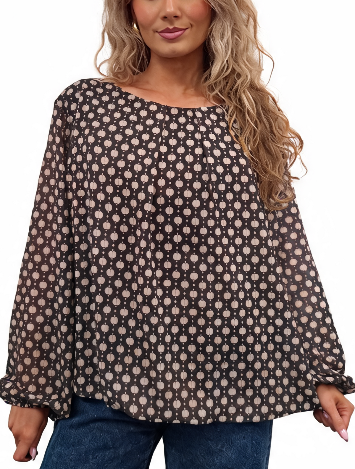 Dark brown printed chiffon-style blouse with balloon sleeves and pleated neckline