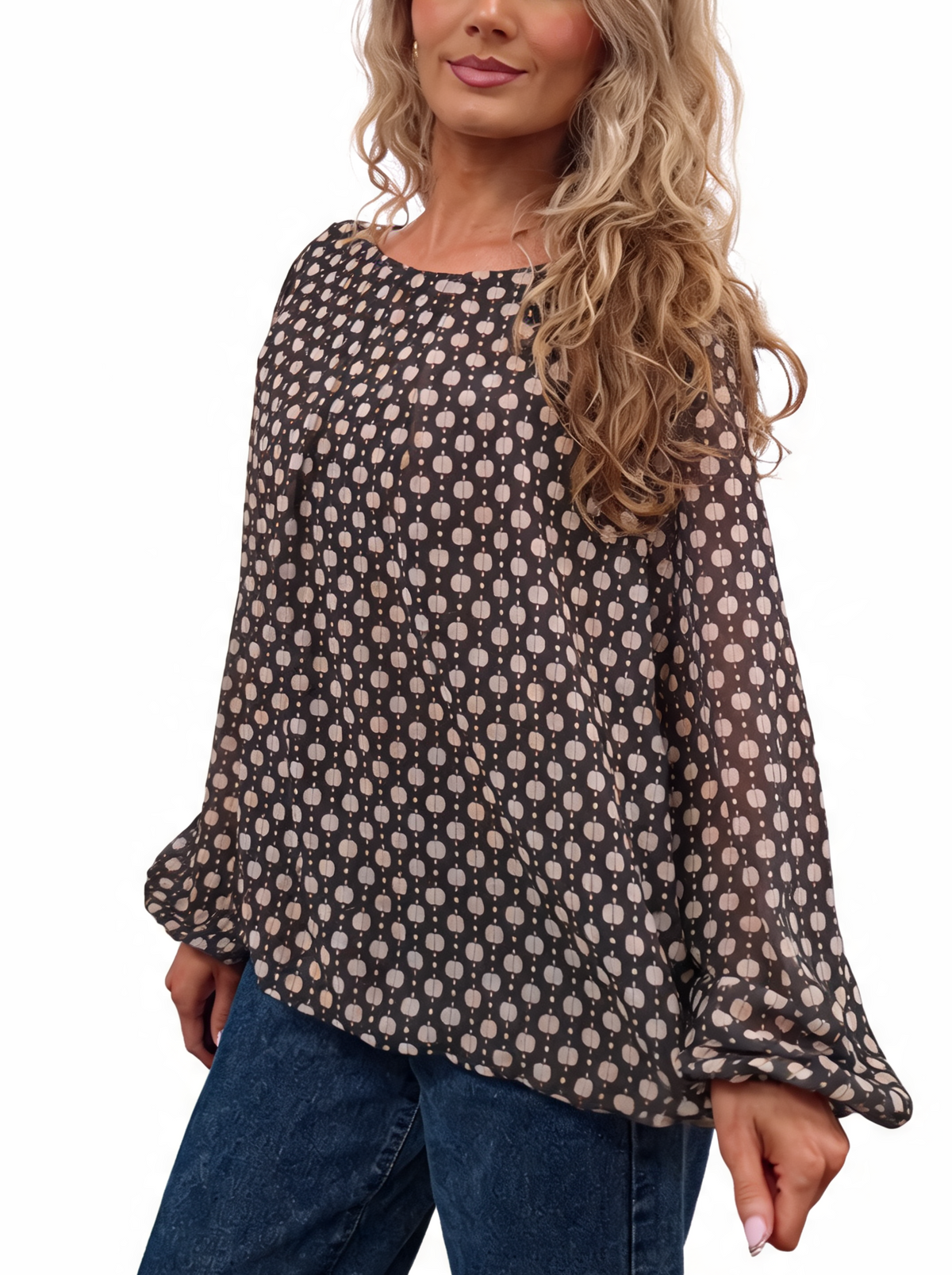 Brownish-beige printed chiffon blouse with dot pattern and balloon sleeves