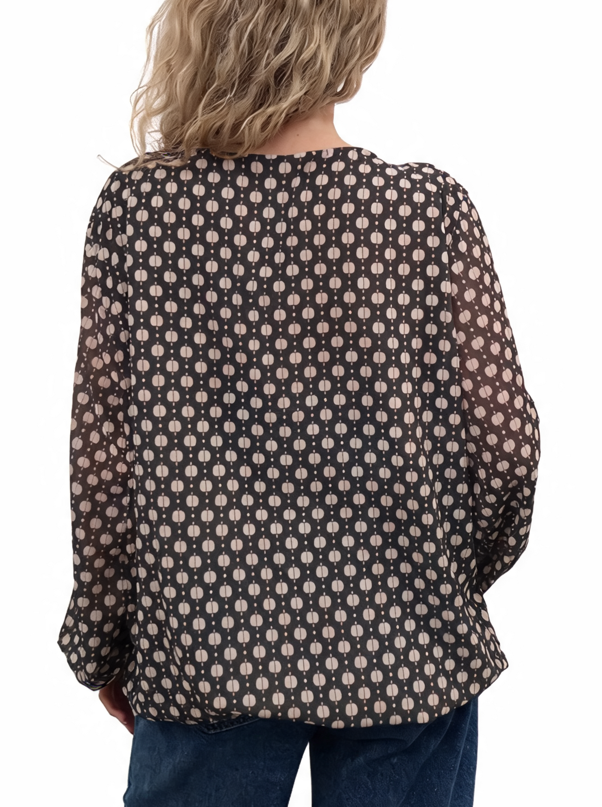Black printed chiffon-style blouse shown from back with pleated neckline