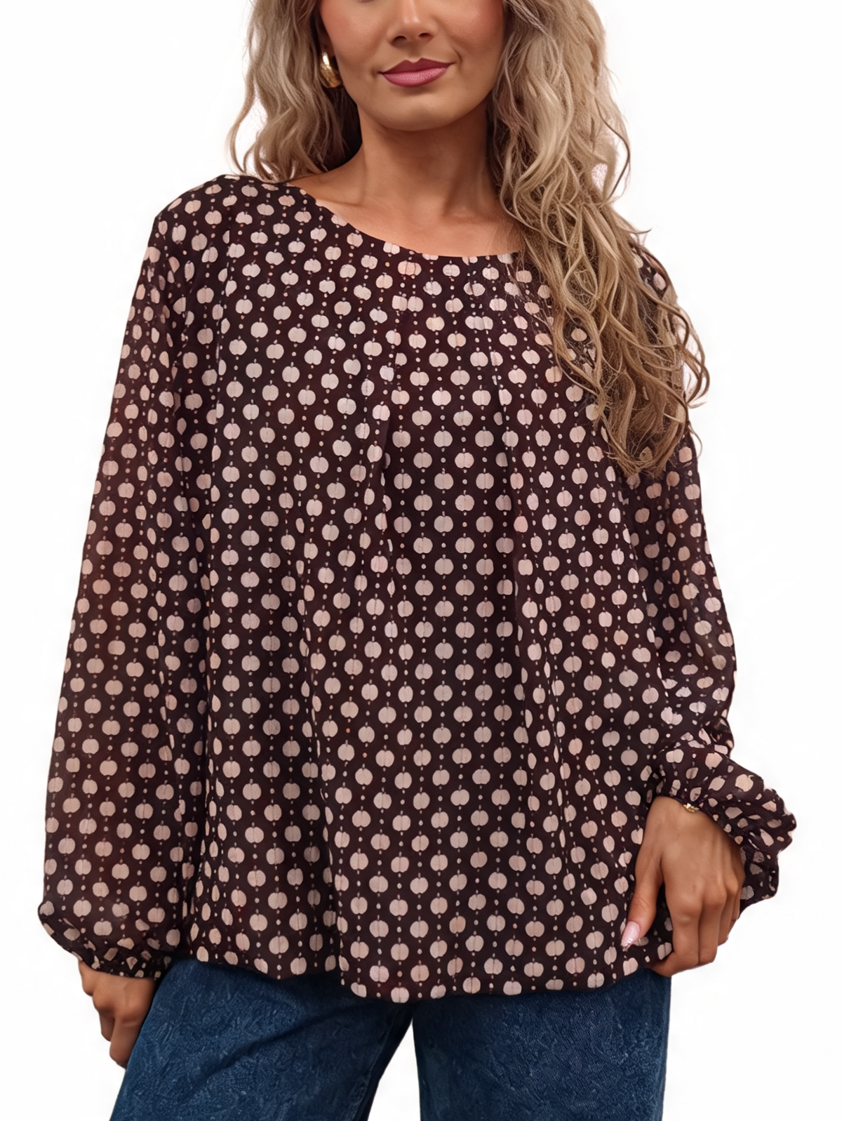 Dark brown printed chiffon-style blouse with pleated neckline and balloon sleeves