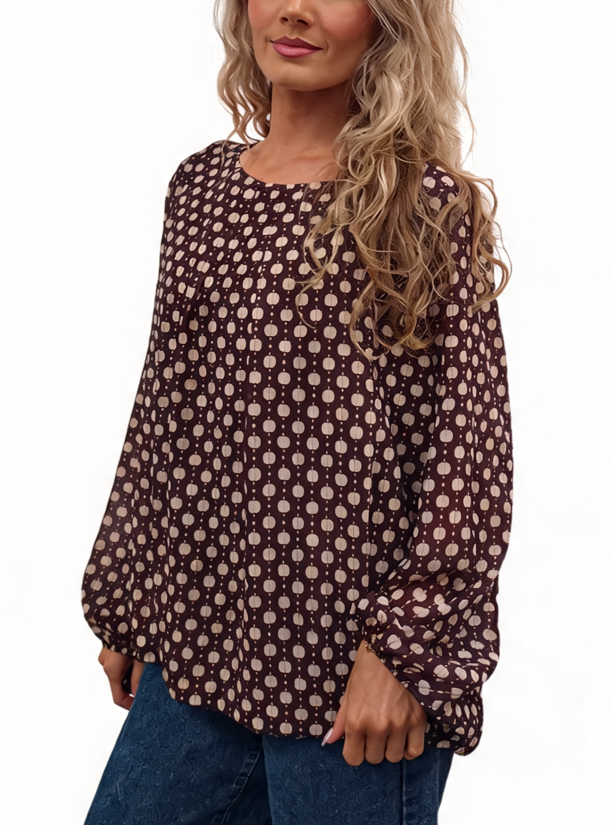 Burgundy printed chiffon-style blouse with balloon sleeves and pleated neckline