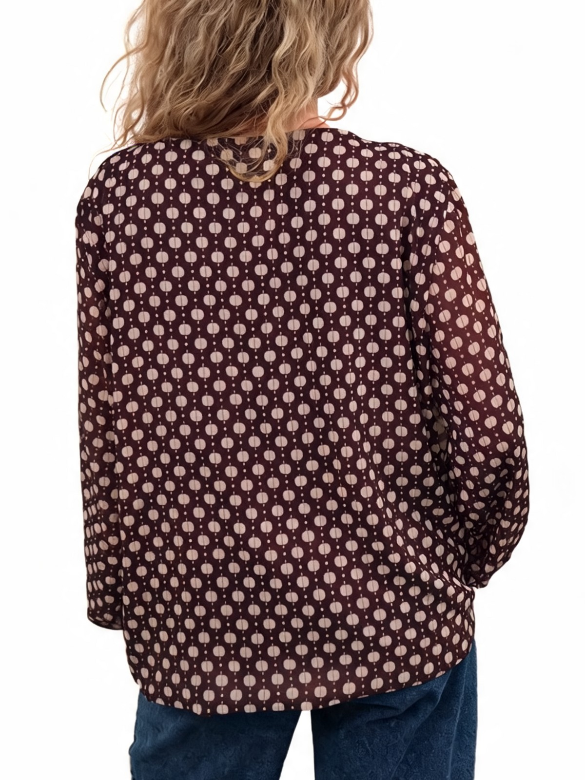 Dark brown printed chiffon-style blouse shown from back with balloon sleeves