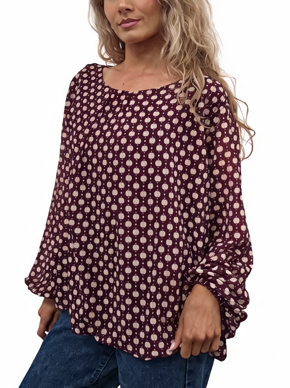 Burgundy printed chiffon-style blouse with pleated neckline and balloon sleeves detail