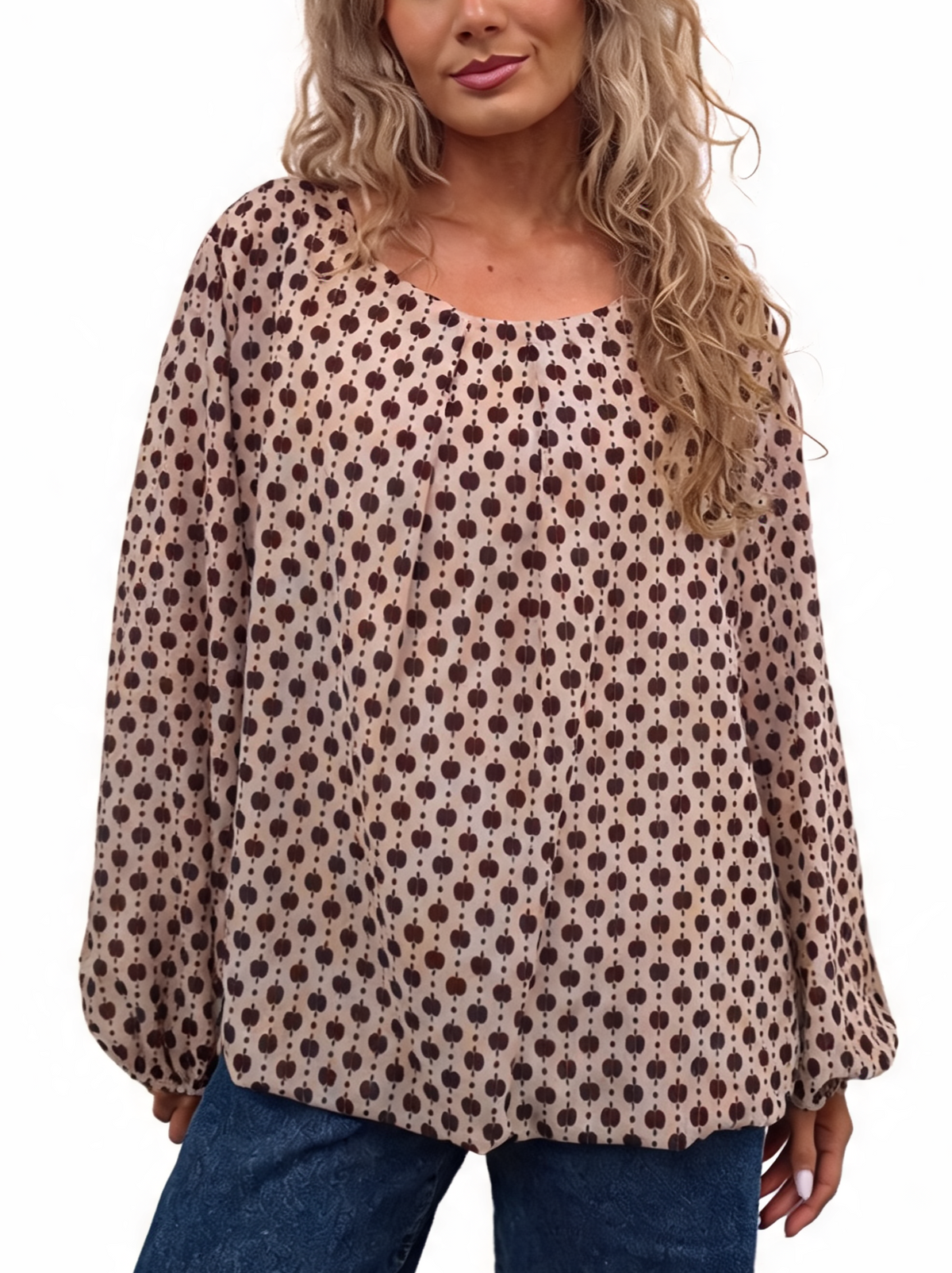 Beige printed chiffon-style blouse with pleated neckline and balloon sleeves