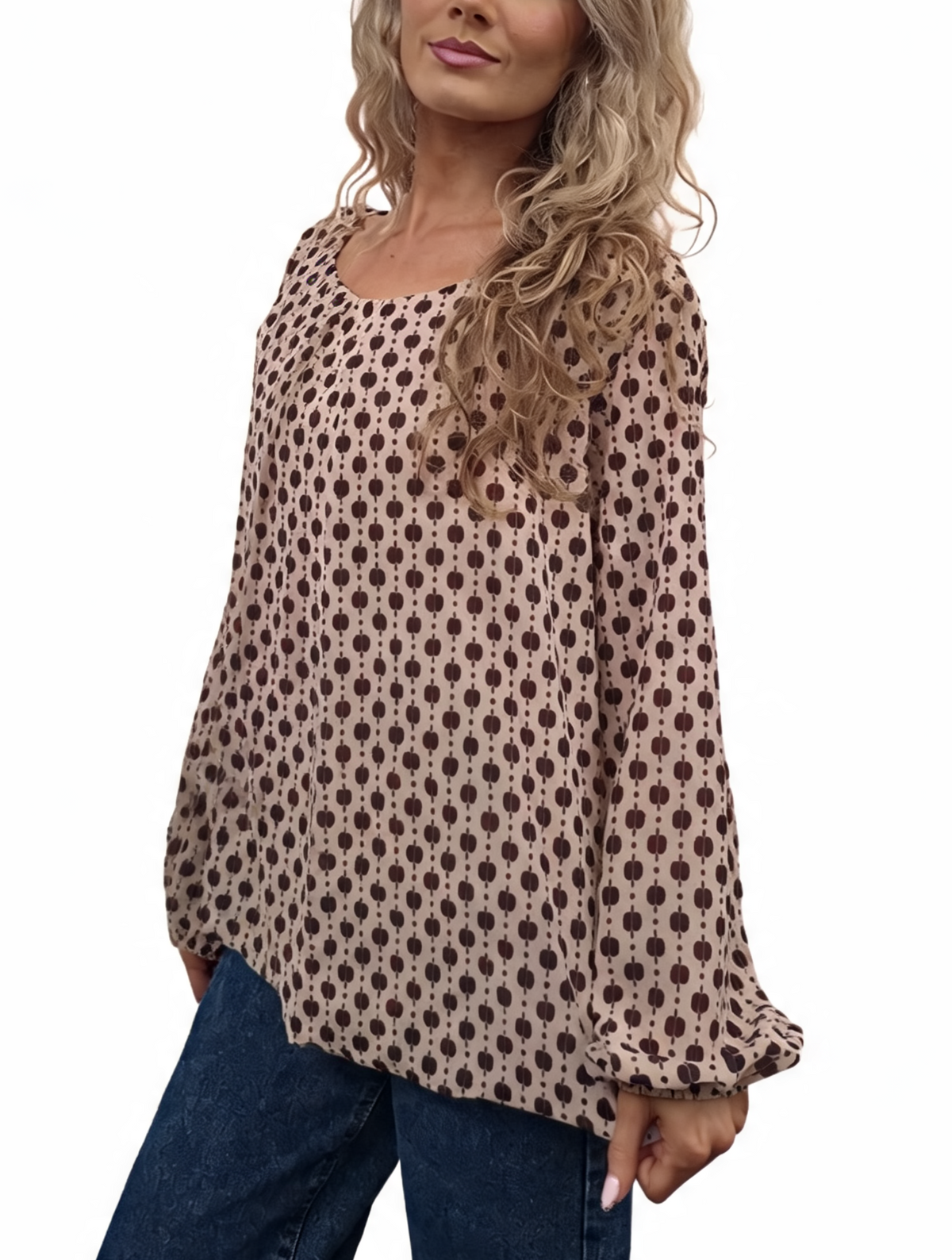 Beige printed chiffon blouse with dot pattern, pleated neckline, balloon sleeves