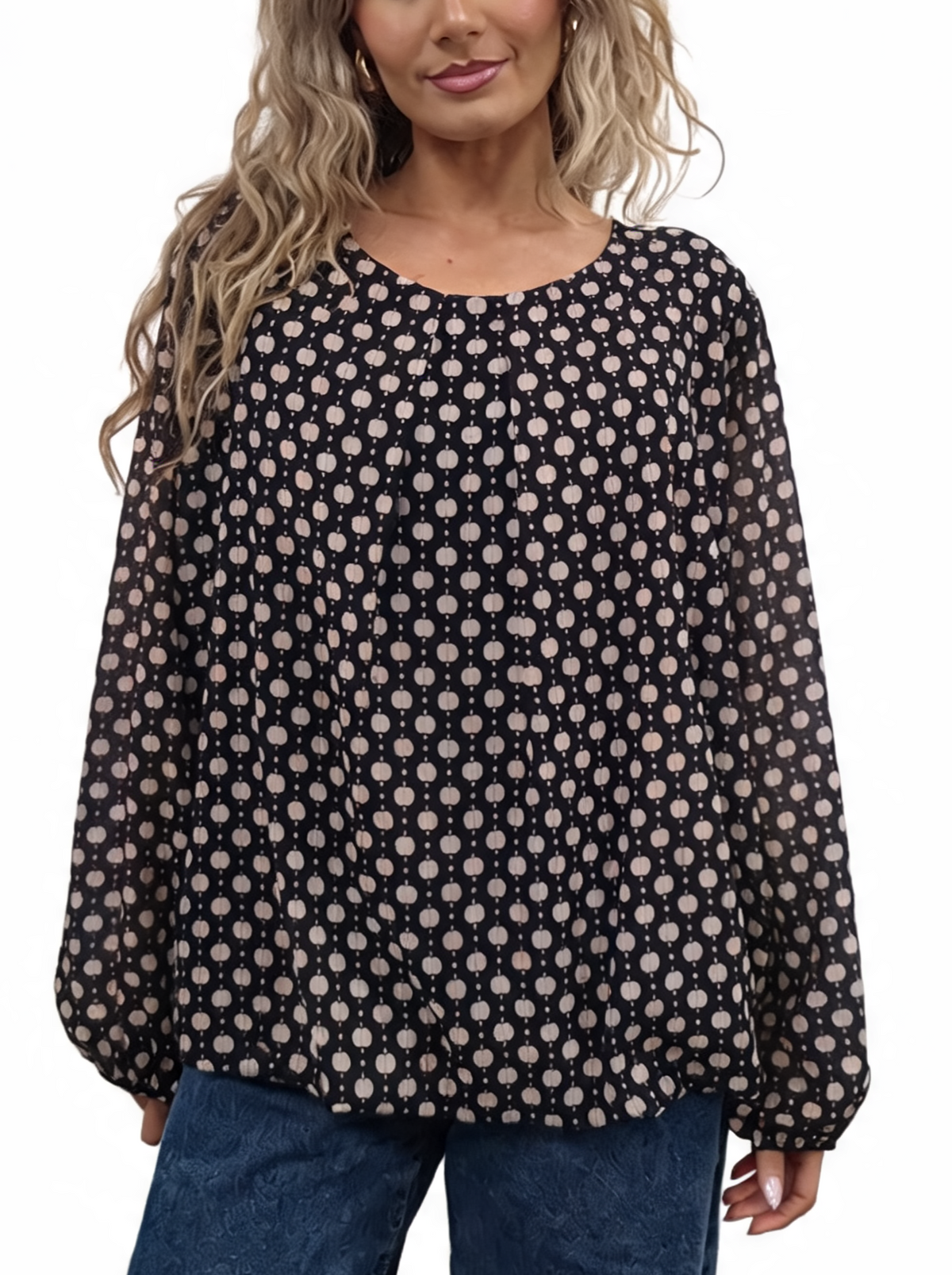 Black printed chiffon-style blouse with pleated neckline and balloon sleeves