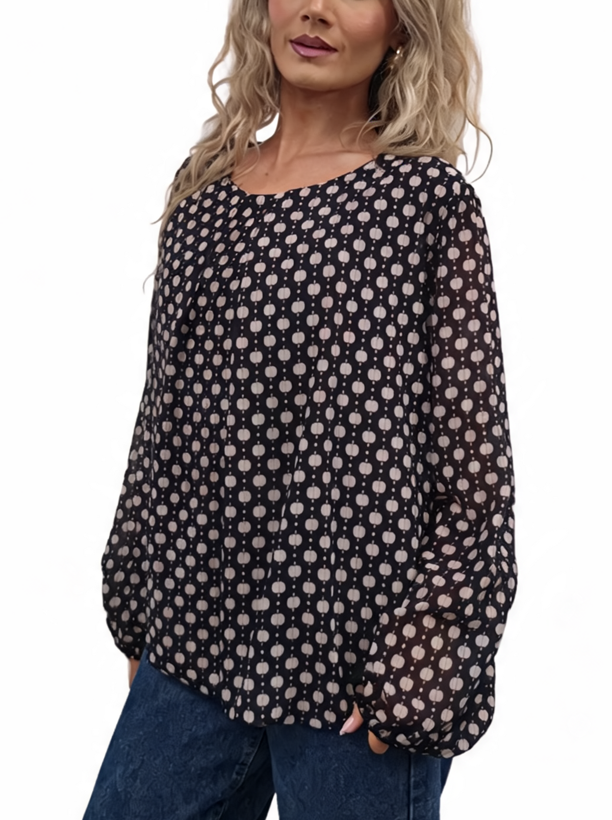 Black printed chiffon blouse with dot pattern, balloon sleeves, pleated neckline