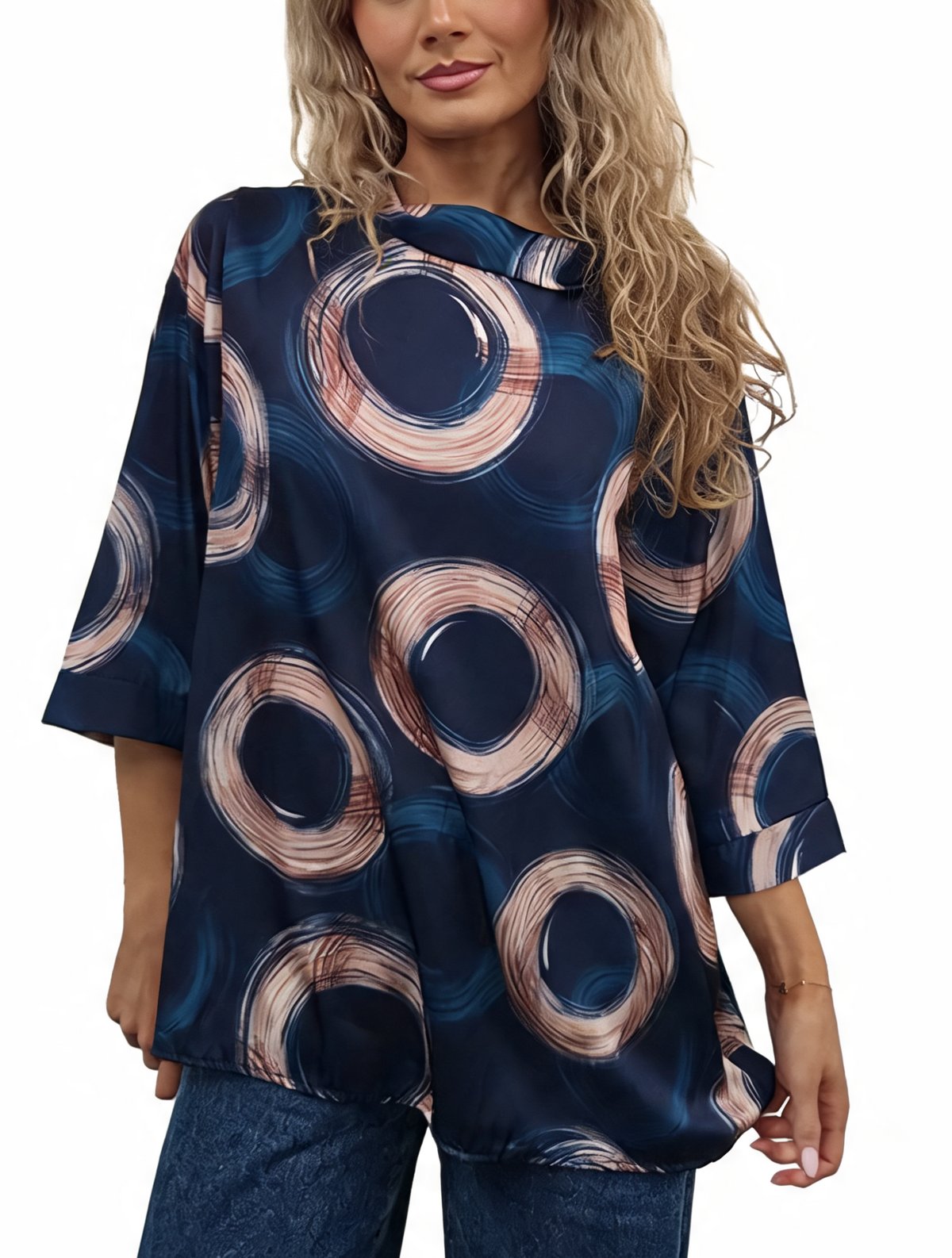 Oversized Brushstroke Circle Print Cowl Neck Top with 3/4 Sleeves & Satin-Feel Finish Blouse
