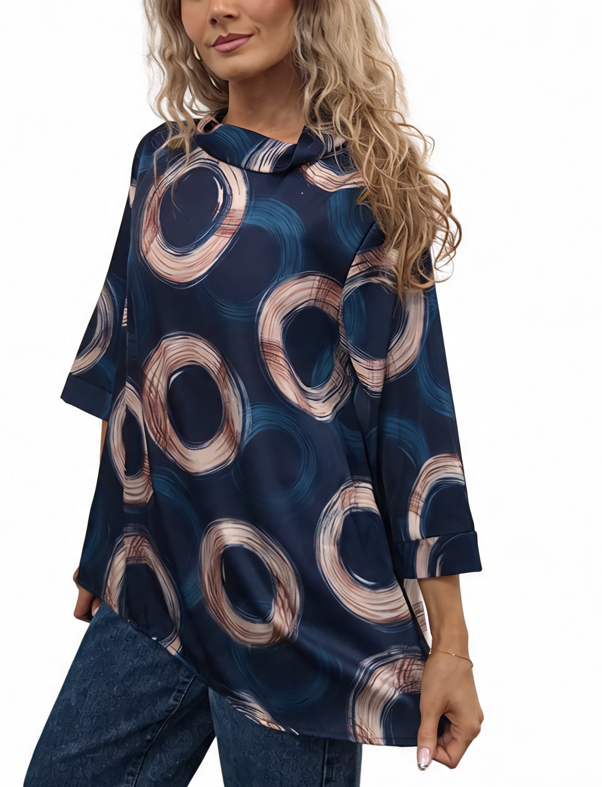 Oversized Brushstroke Circle Print Cowl Neck Top with 3/4 Sleeves & Satin-Feel Finish Blouse